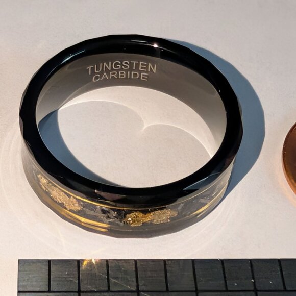 Black Tungsten Ring with Gold Leaf Meteorite Inlay Size 11 - Picture 2 of 10